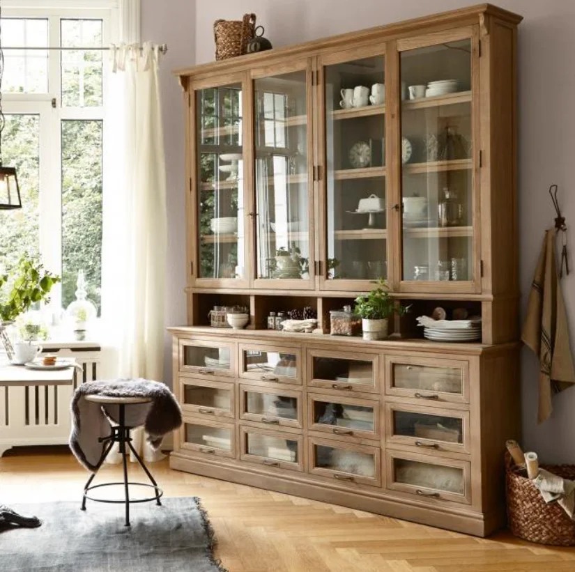 High-End American Country Solid Wood Sideboard 5+ Drawers Carved Details Glass Door Wine Cabinet Direct Factory-Antique