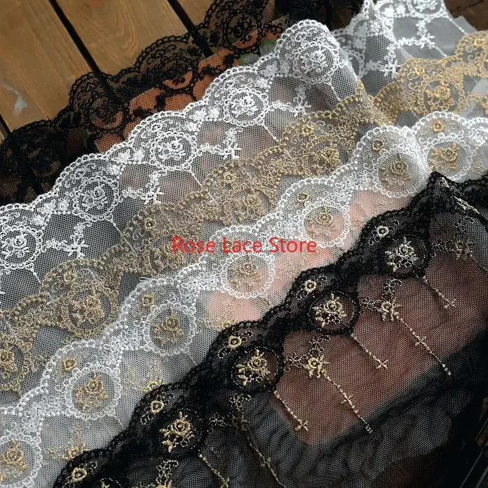 Adorno de encaje bordado con hilo dorado y flores de 3 yardas, adorno de encaje de tul negro blanco floral, para vestido de muñeca, diadema nupcial de 5,9 pulgadas de ancho