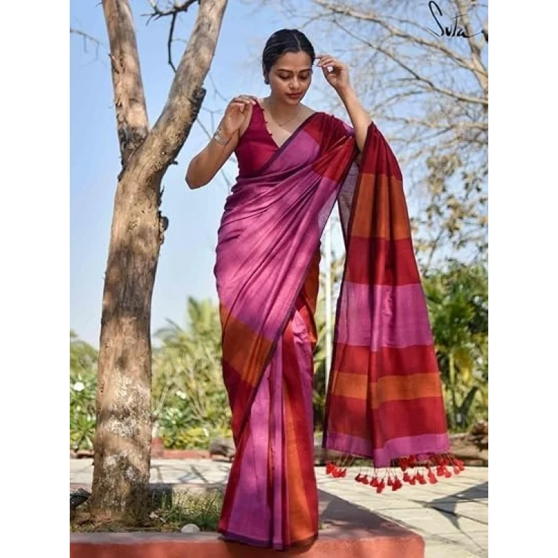 Women's Designer Striped Indian Handloom Ethnic Cotton Saree With Tassels Unstitched Blouse Piece - view 4