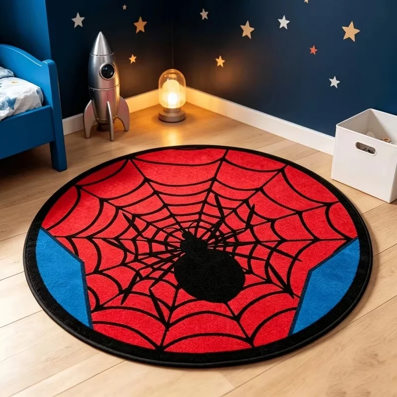 Spider Web Pattern Round Area Rug, Red Blue Black Spider Web Graphic Print,Decorative Floor Carpet for Living Room Indoor Decor