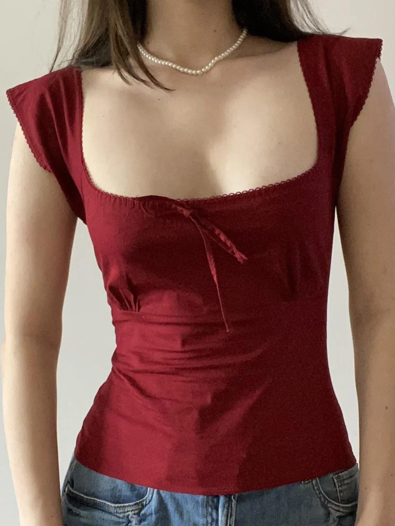 

Y2K Red Fashion Solid Simple Sweet Women T-Shirts Short Sleeves Slim Square Neck Chic Bow Causal Basic Blouses