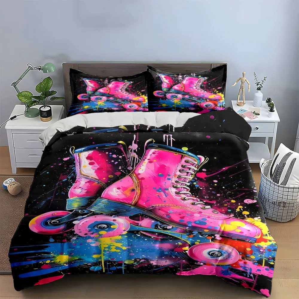 Colorful Roller Skates Decor Set Bedding Set with 1 Duvet Cover 2 Pillowcases Single Double King Queen, Gift
