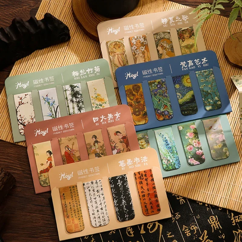 4pcs/set Retro Chinese Magnetic Bookmarks Cartoon Art Flowers Daily Magnet page Mark Children Student School Supplies for Books