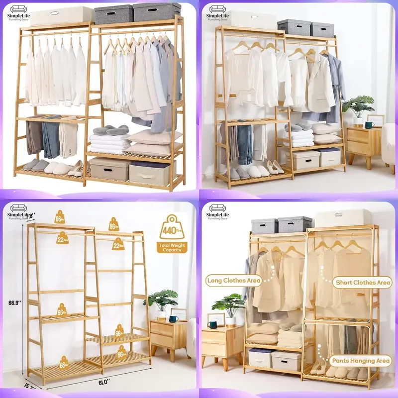 Wooden Coat Rack Freestanding Heavy Duty Clothes Hanger Stand with 6 Shelves for Bedroom Living Room Entryway Hallway Storage
