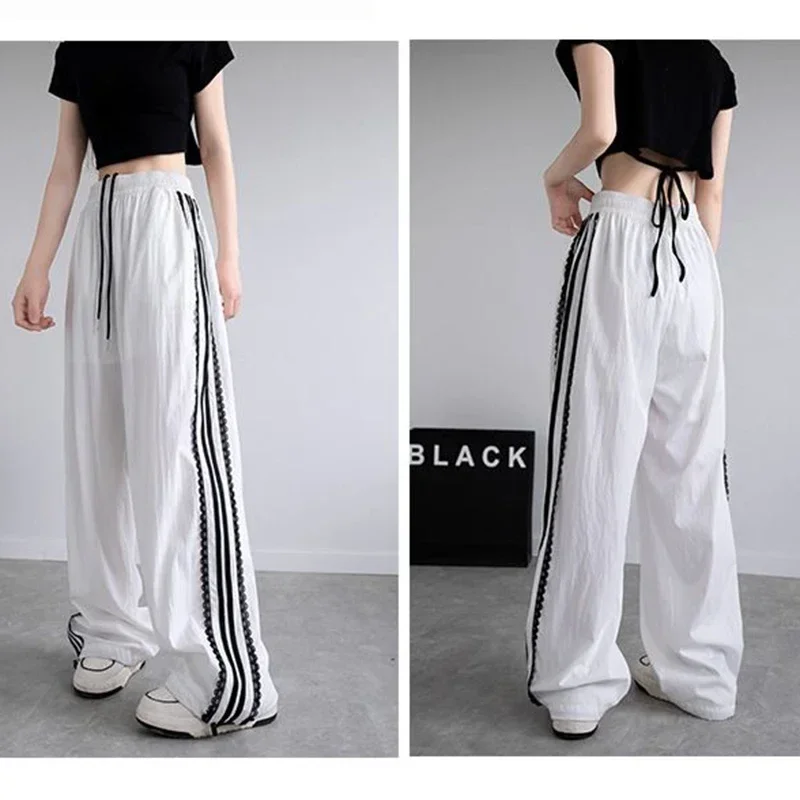 Female Korean Lace Striped Thin Pants Women Quick Drying Loose Fit Trousers Girls Designer High Waist Casual Pants