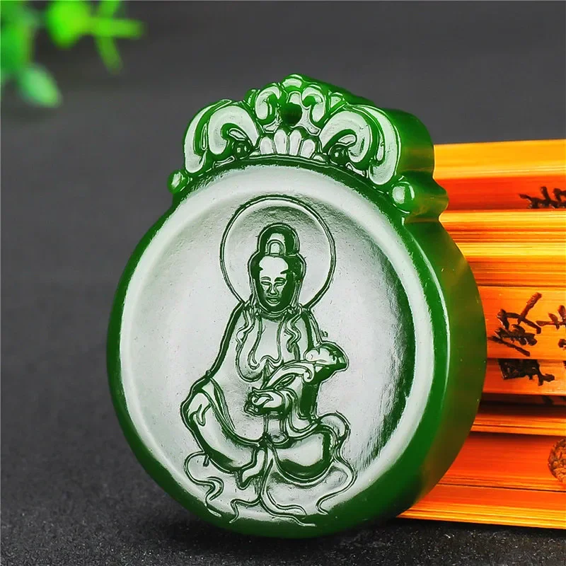 

Natural Green Hand Carved Guanyin Jade Pendant Fashion Jewelry Men's Guanyin Necklace