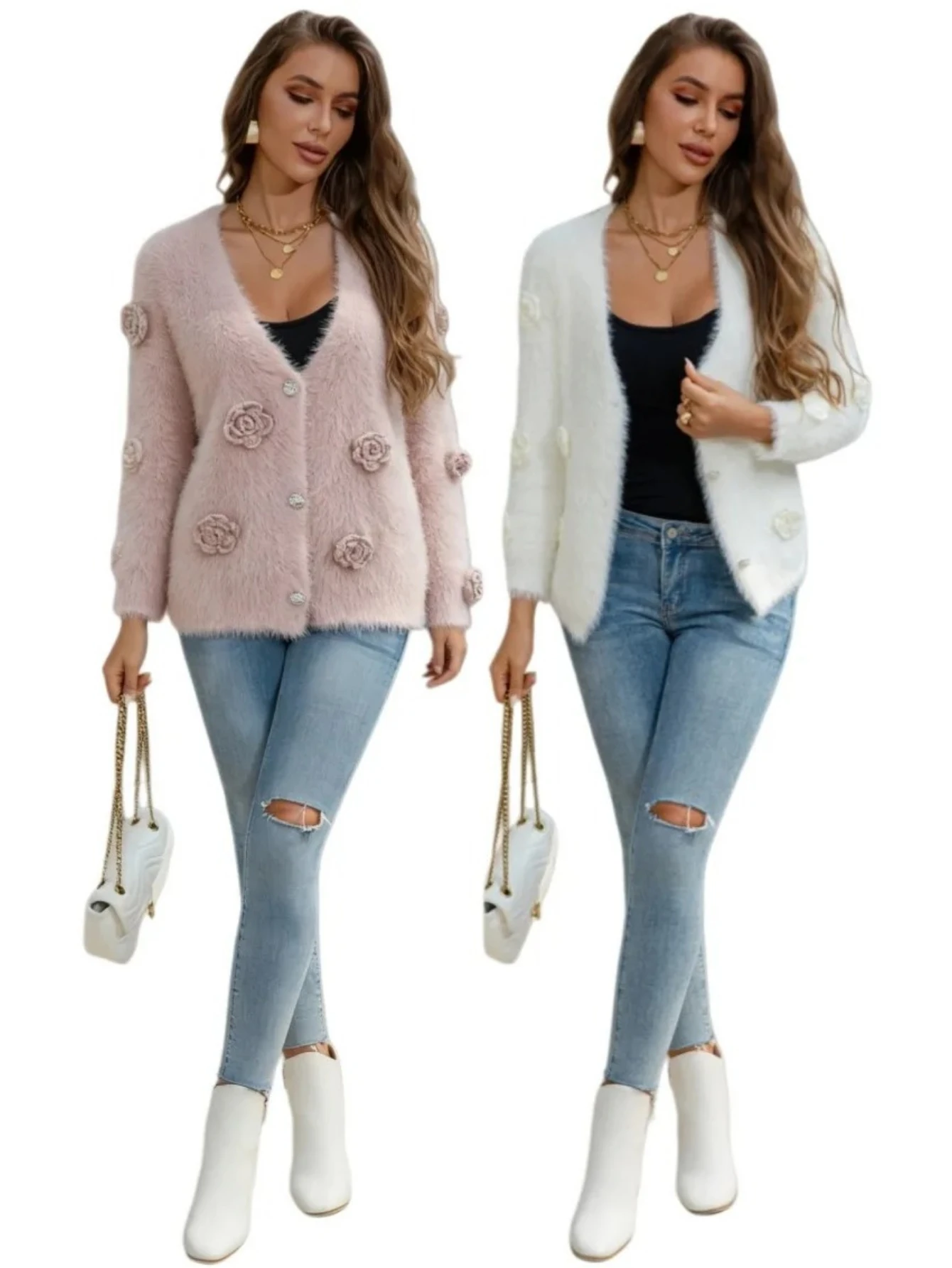 

Women's V-neck Knitted Cardigan Soft Polyester Fabric Floral Pattern Autumn Winter New Style Elegant Lady Coat Independent St