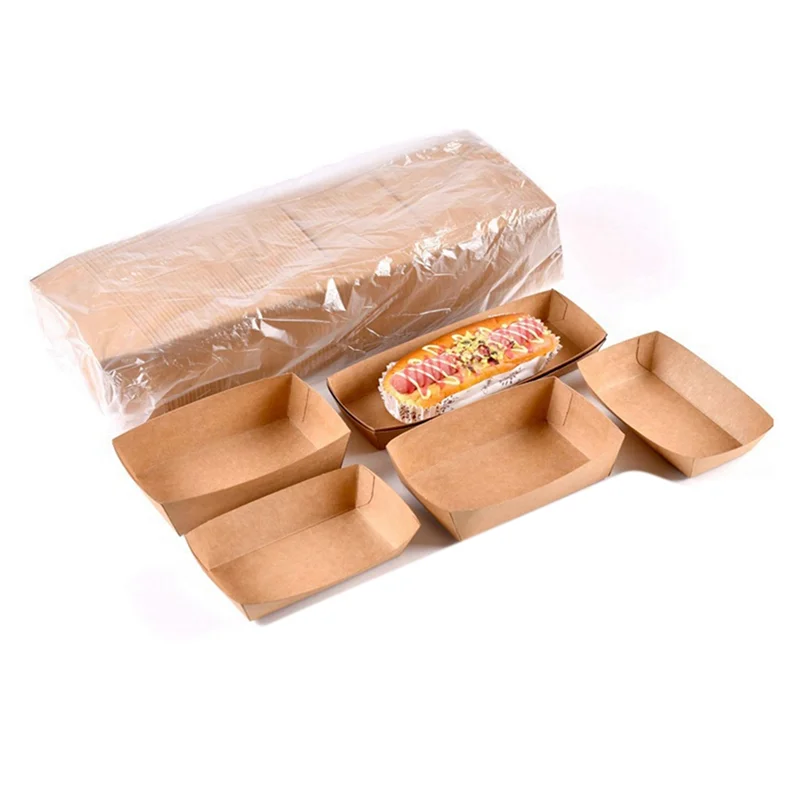 

200Pcs Disposable Kraft Paper Food Serving Tray Foldable Coating Snack Open Box Hot Dog Fries Chicken Box