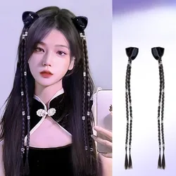 1 Pair Y2K Cat Ear Synthetic Wig Braid Sweet Cool Girls Simulation Grab Clip Twist Double Ponytail Hair Extensions