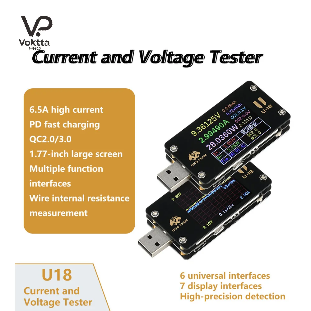 DC 4-25V 1.77 Inch Multi Function USB Voltage Current Meter Power Tester QC/PD Protocol Simulator Fast Charging Tester 6.5A
