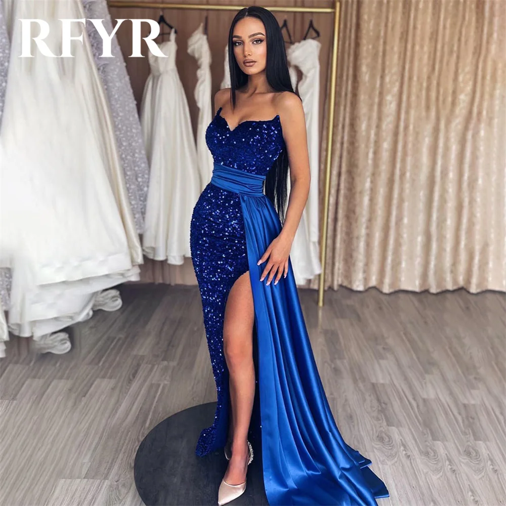 

RFYR Navy Blue Elegant Sequins Women Evening Dress Simple Sleeveless with Pleats Split Trumpet Prom Formal Gown Dress Customized