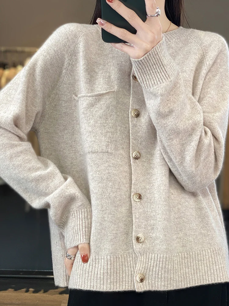 Women\'s O-Neck 100% Pure Wool Cardigan Autumn Winter New Long Sleeve Knitted Coat Casual Warm Pocket Sweater Loose Jacket Blouse