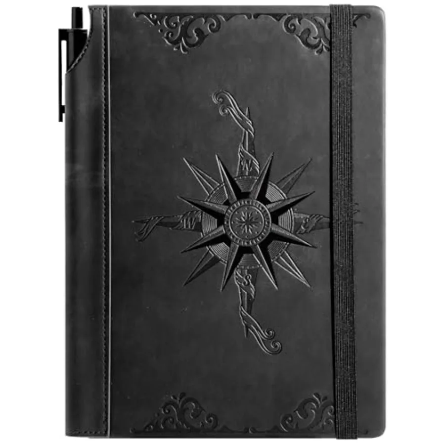 

Compass Leather Notebook Journal for Men, 100 GSM 288 Pages Lined Journals for Writing, A5 Hardcover Journaling Notebooks Gift