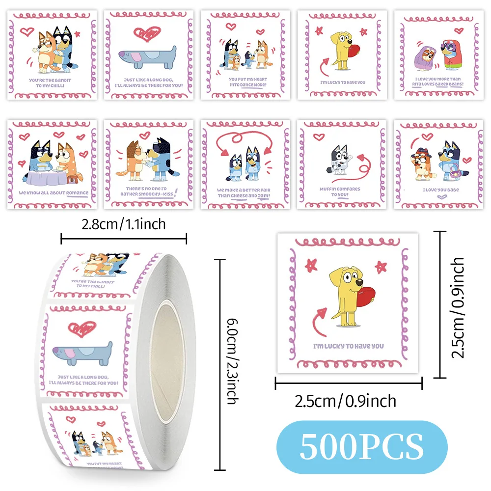 500 sztuk/rolka Naklejki z motywem kreskówki Bluey, rodzinna animacja, naklejki DIY z PVC na laptopa, dekoracje, naklejki, nagrody, zabawki