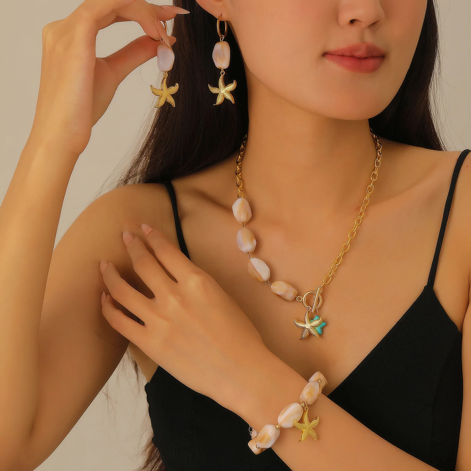 المحيط نمط نجم البحر قلادة الأصفر مطرز سلسلة قلادة أقراط سوار المرأة الشاطئ الصيف اكسسوارات البحر موضوع طقم مجوهرات #2