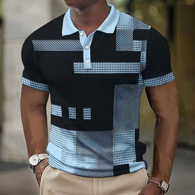 Colorful Geometry Pattern Polo Shirt Men Stripe Splicing 3D Print Tees Summer Casual Street Short Sleeve Loose T-Shirt Lapel Top