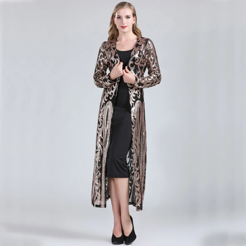 Women Sexy Long Sequin Open Front Mesh Cardigan Embroidery Long Sleeve Blouse Cover Up Coat Evening Prom Party Tops