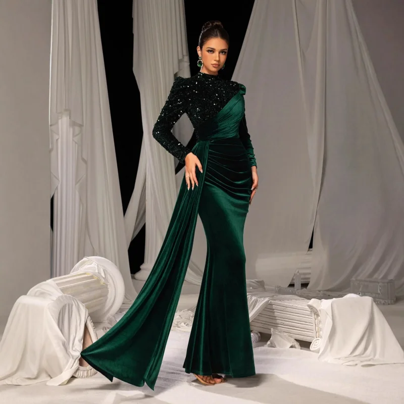 Elegant long green evening gown a classy lady hosting a company's annual party view 3