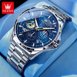 OLEVS Original Quartz Watch for Men Starry Sky Auto Date Moon Phase Luminous Waterproof Moonswatch Men's Business Wristwatches