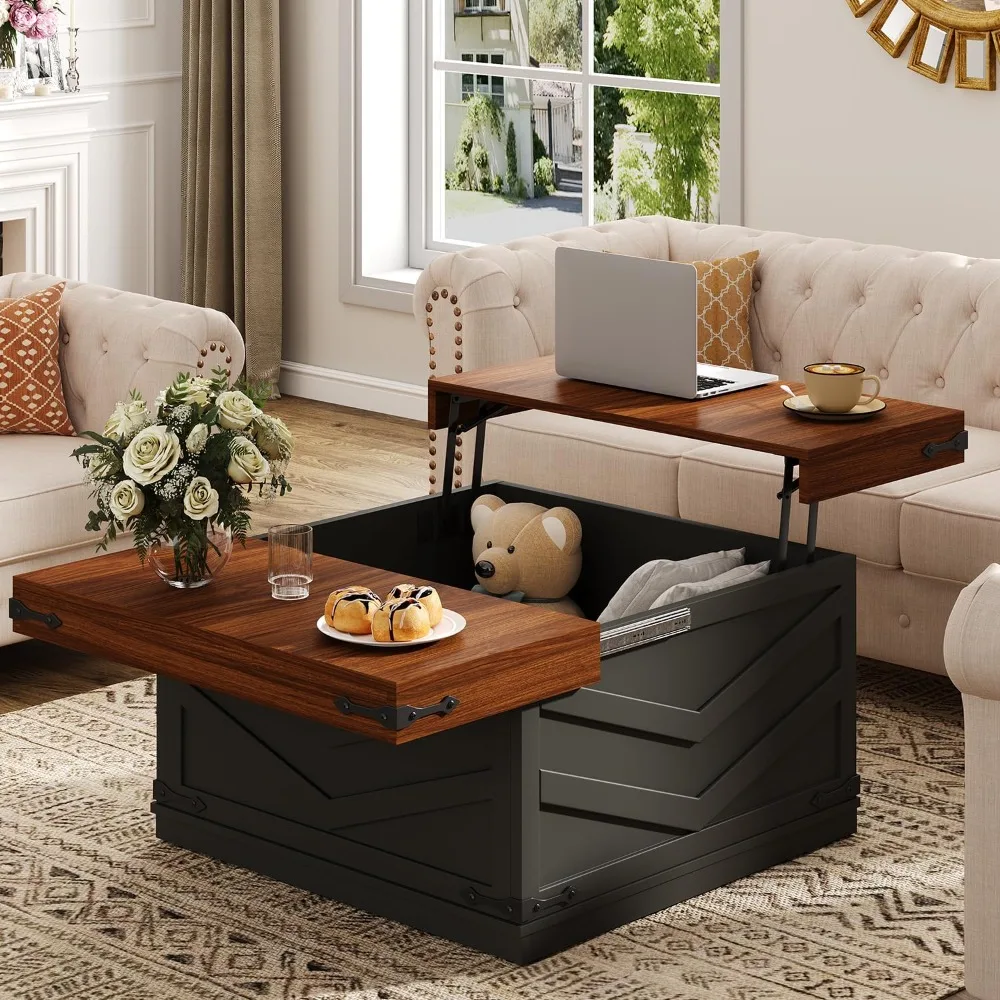 

Multi-Functional Farmhouse Style Coffee Table with 31.5 Inch Lift Top and Sliding Square Center for Hidden Storage