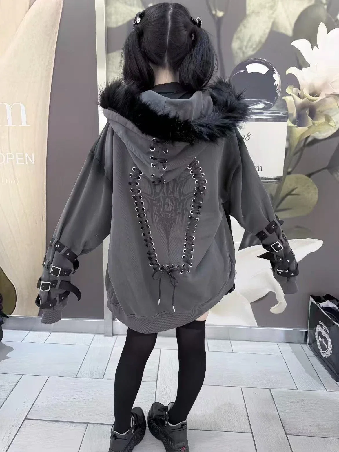 Dark Knight Brand Women's Subculture Punk Banded Hoodie with Fur Collar and Hood, Heavy-duty Distressed Zipper Hoodie
