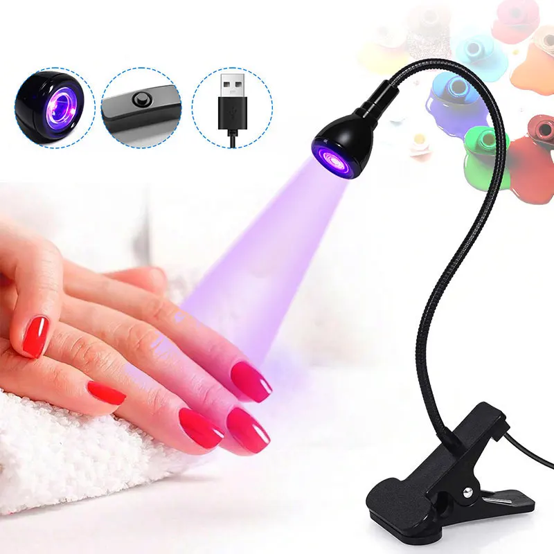 LED UV Light Nail Dryer for Curing All Gel Nail Polish Lash Glue 360 Degree Clip-on Desk Mini USB Purple Lamp Manicure Tools