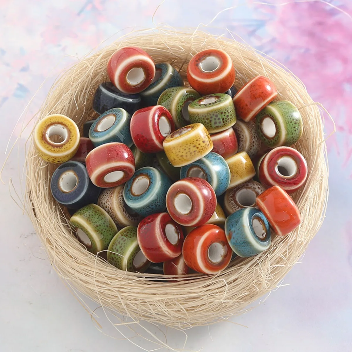 Z46 10pcs Polychrome Vintage Ring Shape Kiln Color Ceramic Beads Handmade Materials Jewelry Accessories Making Bracelet Gift