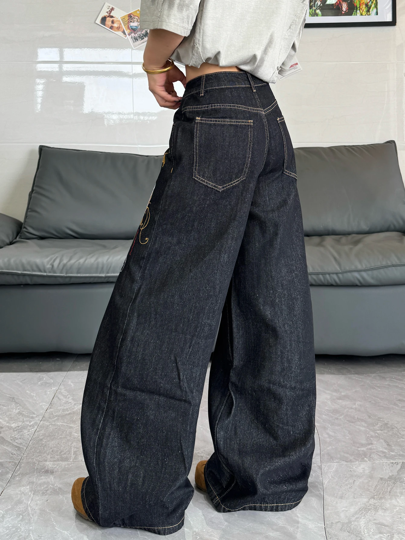 European And American Trend Women's Wide Leg Jeans With Single-Sided Bird Pattern Embroidery And Original Color Washed Denim Pan