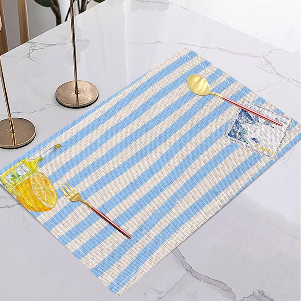 Italian Style Placemats Table Mat Blue & White Stripes With Lemon Print For Kitchen Dining Table Decor Vintage Travel Theme