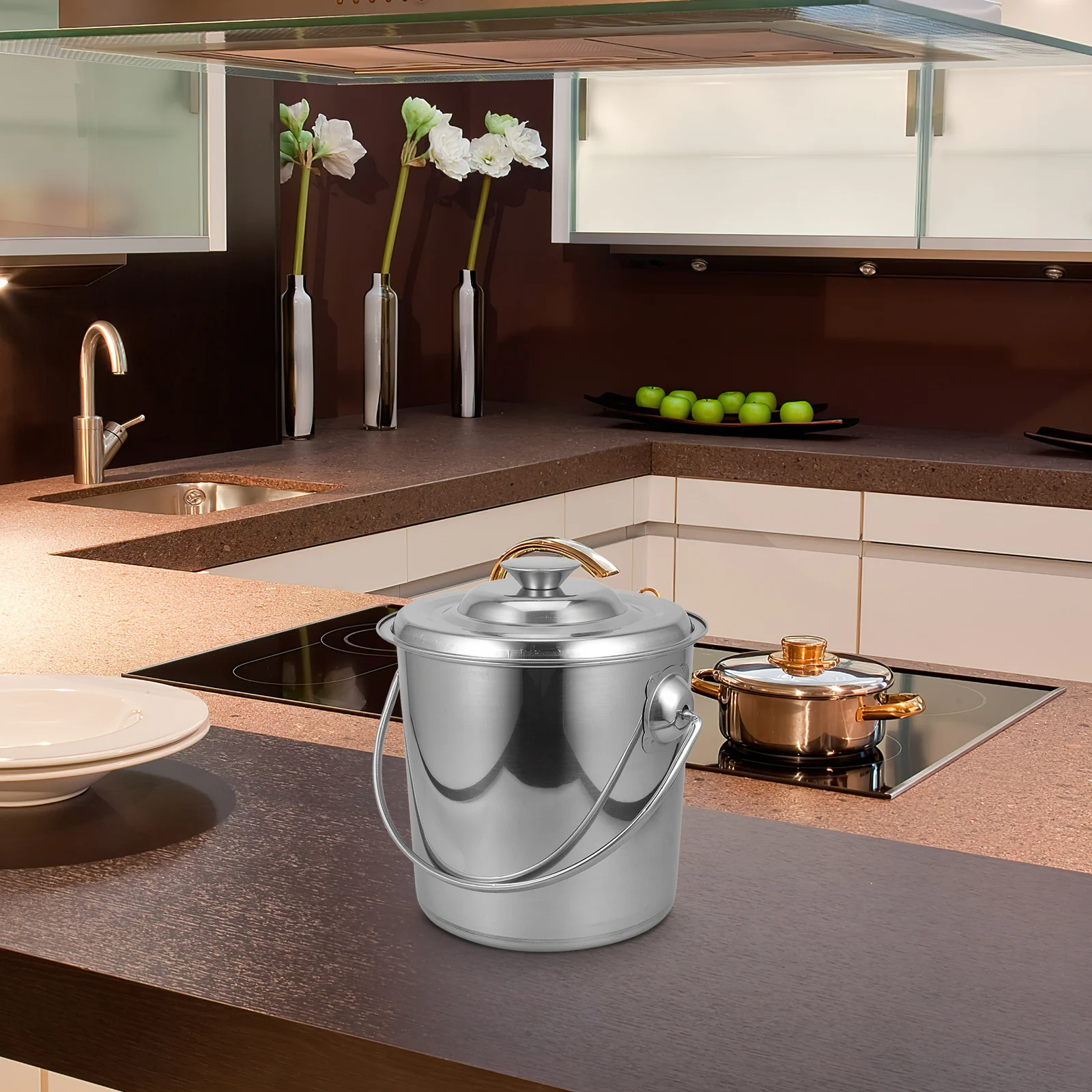 

Stainless Steel Bucket 12L Water Handle Multifunctional Kitchen Bucket Rice Oil Food Grease Container Dog Food Holder Dried