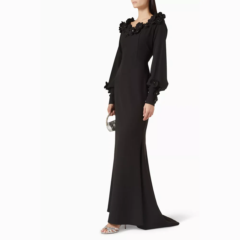 فساتين سهرة طويلة مخصصة أنيقة باللون الأسود من الجيرسيه مناسبة رسمية فساتين حفلات 2025 زهور بطول الكاحل فساتين لحضور الحفلات الموسيقية