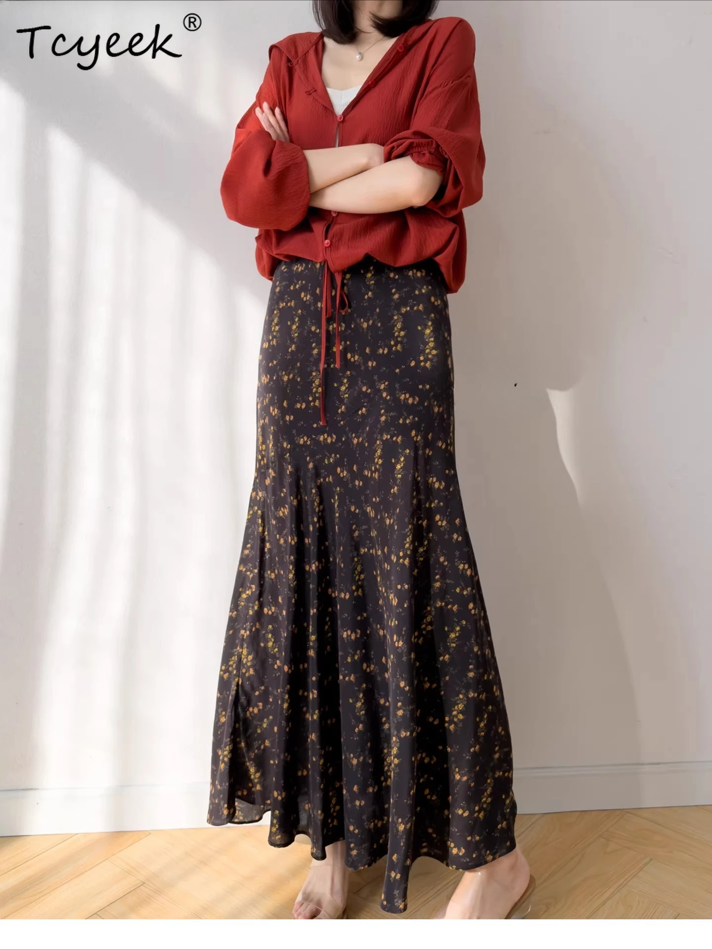 Tcyeek 100% Real Mulberry Silk Skirt Woman Clothes 2026 Fashion Summer Skirt Elegant Skirts for Women Slim Fit Юбка Женская