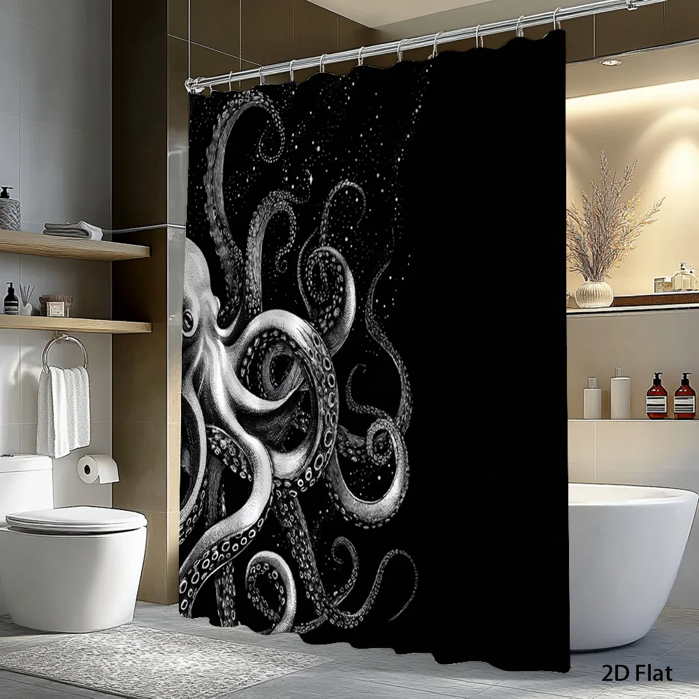 Black Octopus Art Shower Curtain Waterproof Easy to Clean Privacy Protection Print Ocean Creature Design Modern nontoxicmaterial