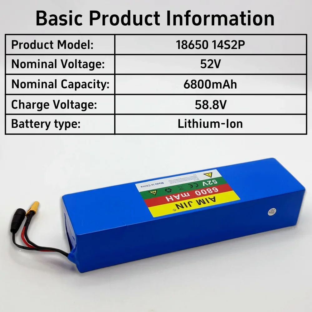 14S2P 52V 6.8Ah Li-Ion Battery Pack 6800mAh Built-in BMS For 1000W 1500W Motorcycle Electric EScooter Rechargeable Battery