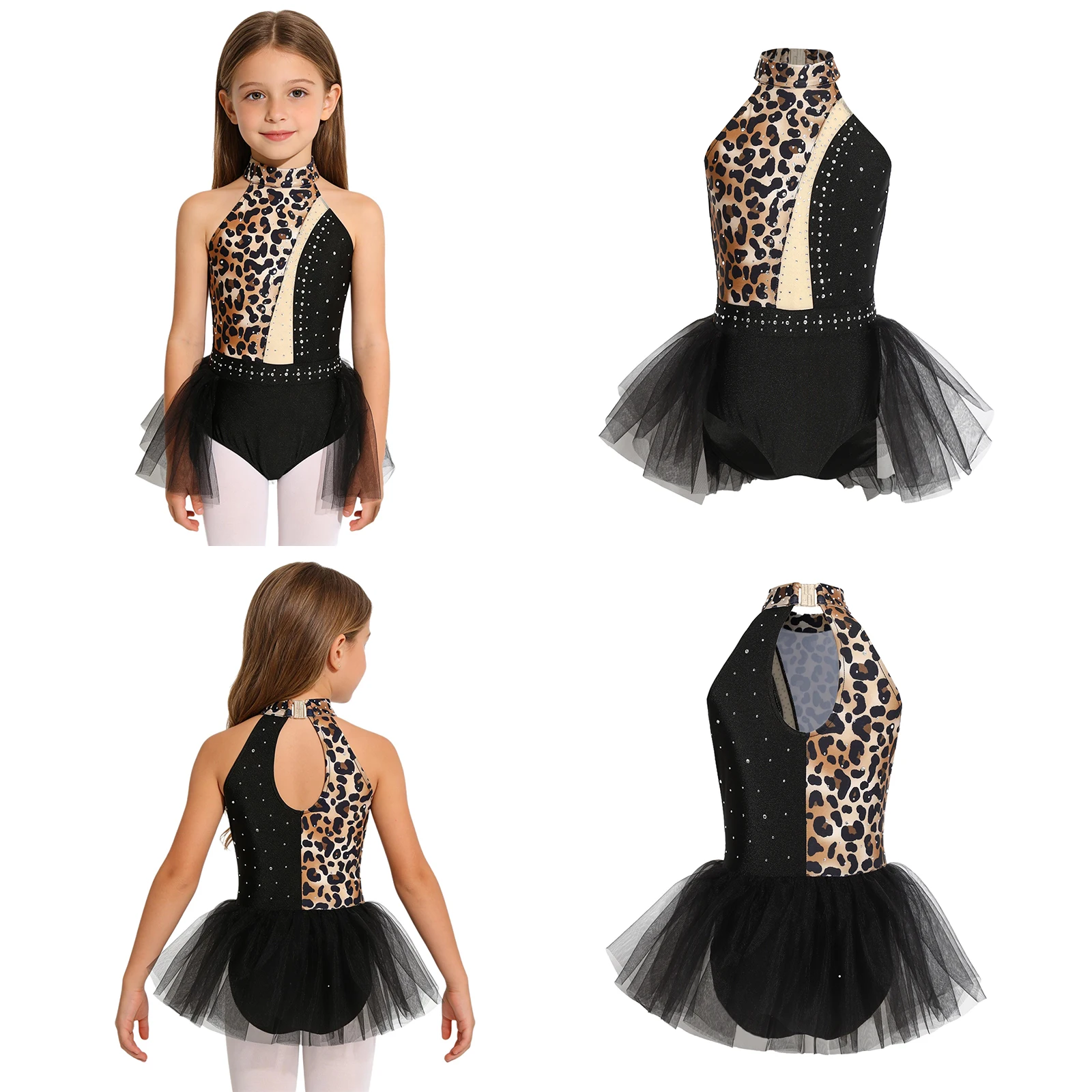 Kids Girls Printed Dance Leotard Rhinestones Sleeveless Contrast Mesh Overlay Leotard for Gymnastics Lyrical Dance Performance