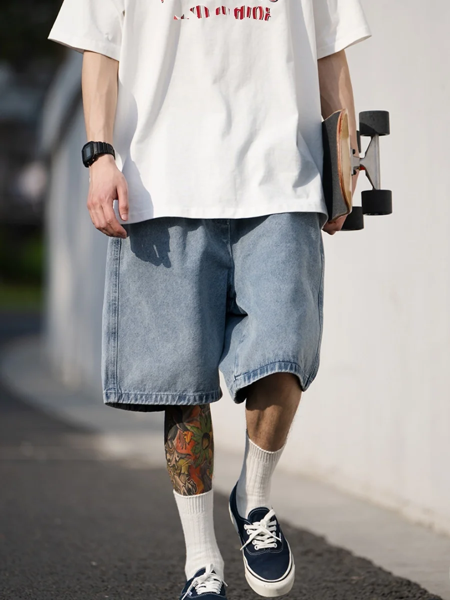 

Retro Japanese Waed Denim orts Men Summer Thin Loose Large Casual Sports Five-Point Trendy Versatile Mid-Waist Straight Leg