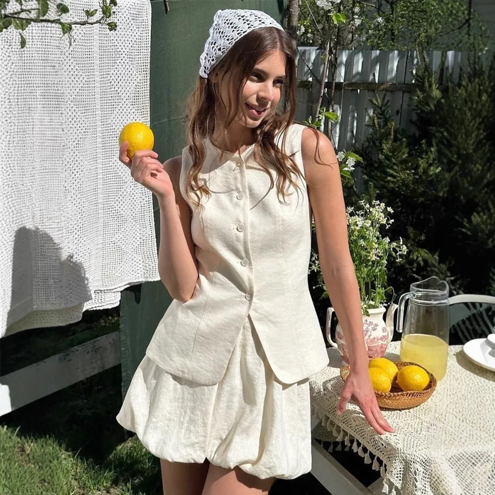 Sweet Cotton Vest Flower Bud Skirt Suit Spring and Summer Women Fashion Slim Fit Soft Single Breasted Top Casual Mini Skirt 2Pcs