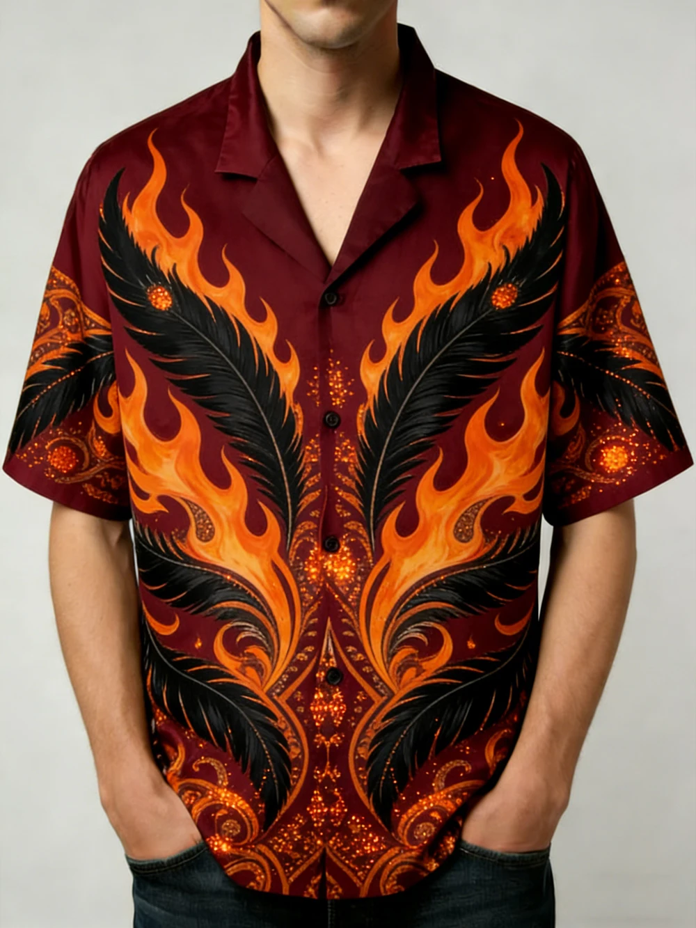 2026 Men's High-quality Short Sleeved Shirt with Luxurious Golden Baroque String Print, Cuban Collar Shirt, Suitable for Street