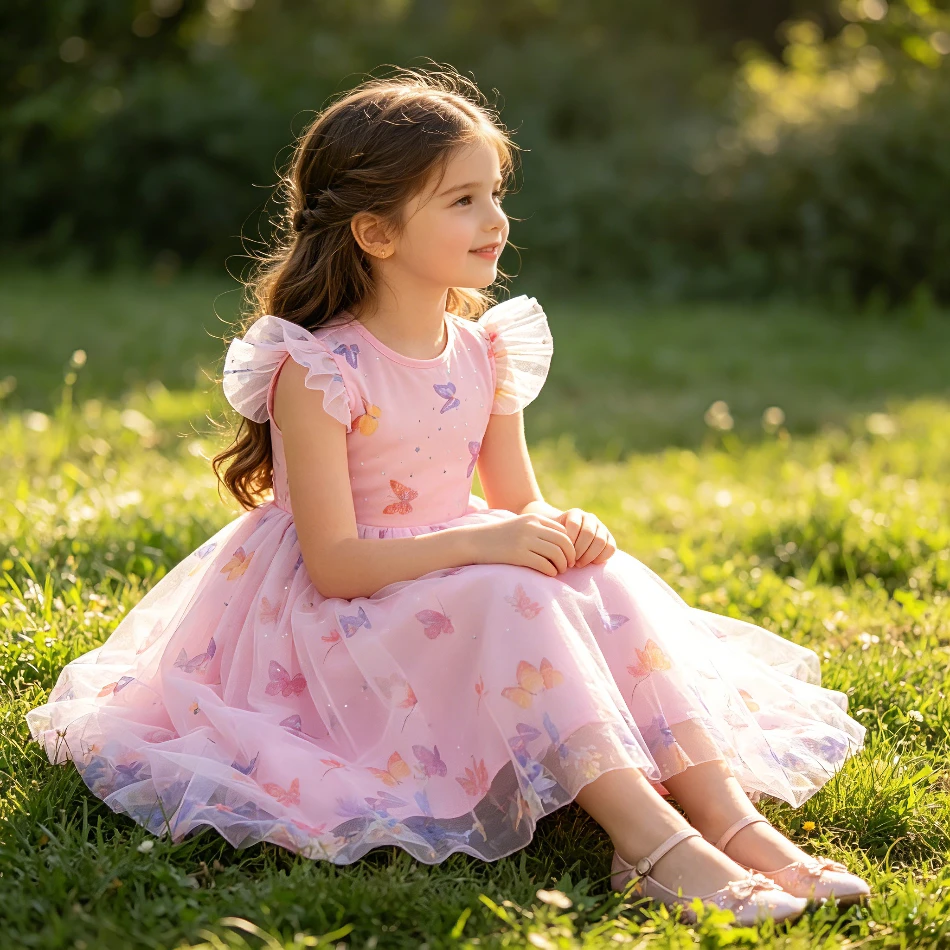 Cute Kids Summer Butterfly Princess Printed Dresses 2026 Pink Baby Girl Birthday Party Dress Up Children Carnival Outfit Clothes