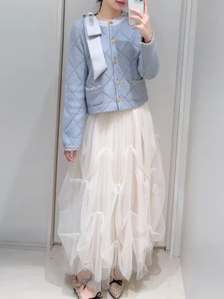 2026 New Spring New Solid Color Sweet Fairy Heavy Pearl Mesh High Waist Skirt Pure Color Autumn Women's Elegant Long Skirts