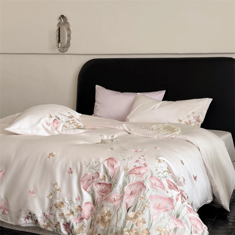 Luxury 600TC Egyptian Cotton Bedding Set Pink Calla Lily Floral Embroidery Duvet Cover Bed Sheet Pillowcase Home Bedroom Textile