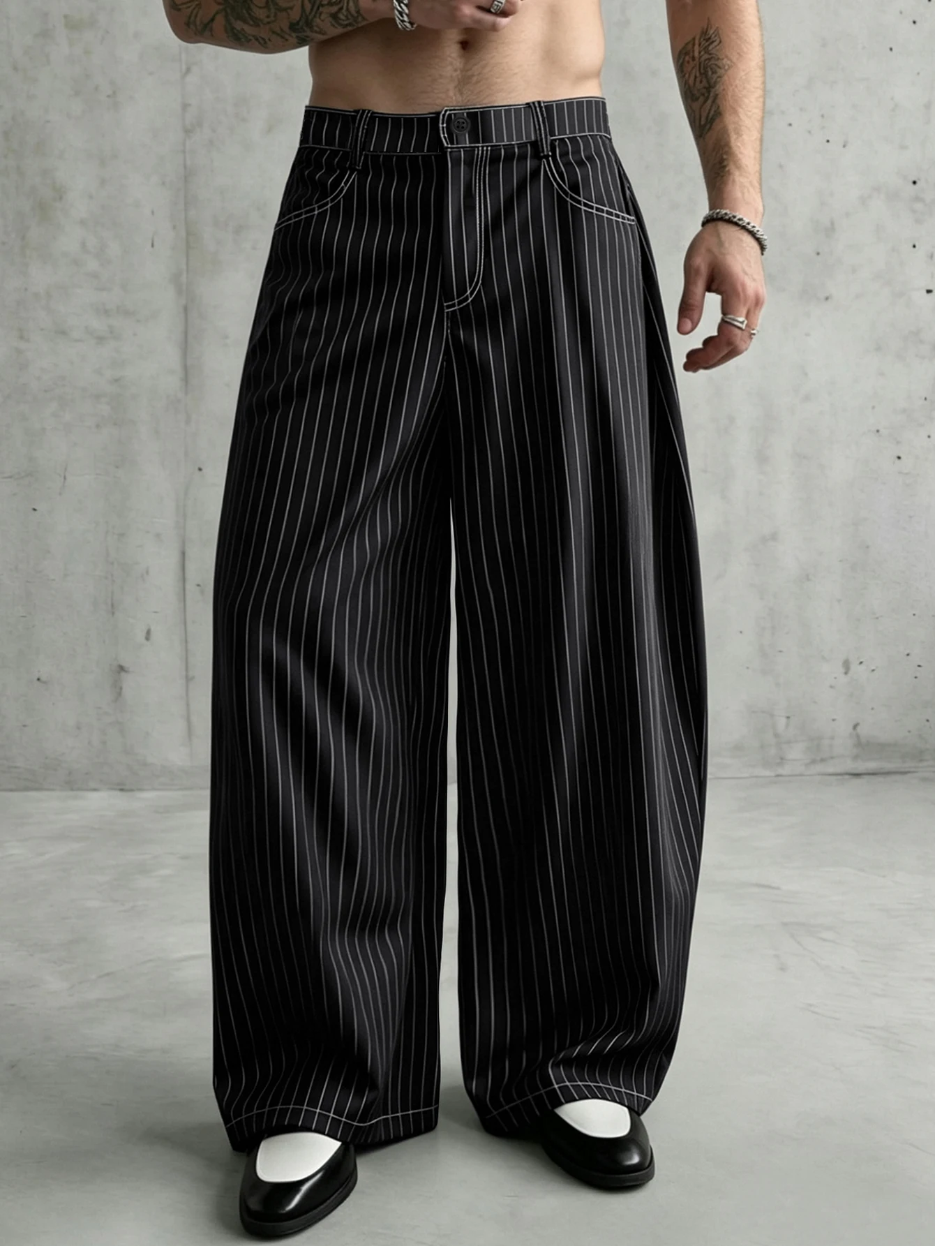Vintage Pinstripe Mens Oversized Barrel Banana Wide Leg Trousers Anti-Wrinkle Baggy Loose Striped Pants Polyester Spandex Blend