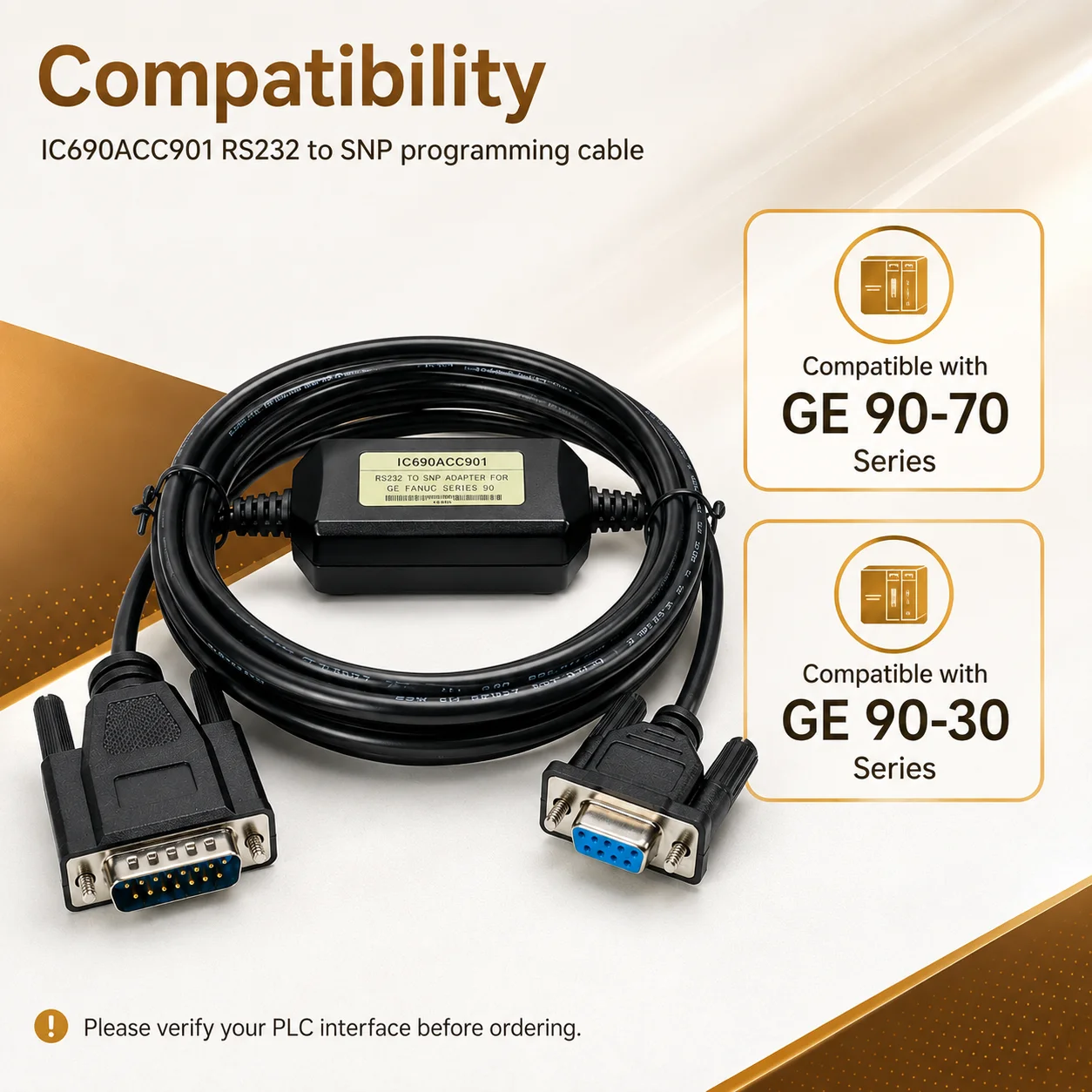IC690ACC901 PLC Programming Cable for GE Fanuc Series 90-30 90-70 RS232 to SNP DB9 Female to DB15 Male 3M
