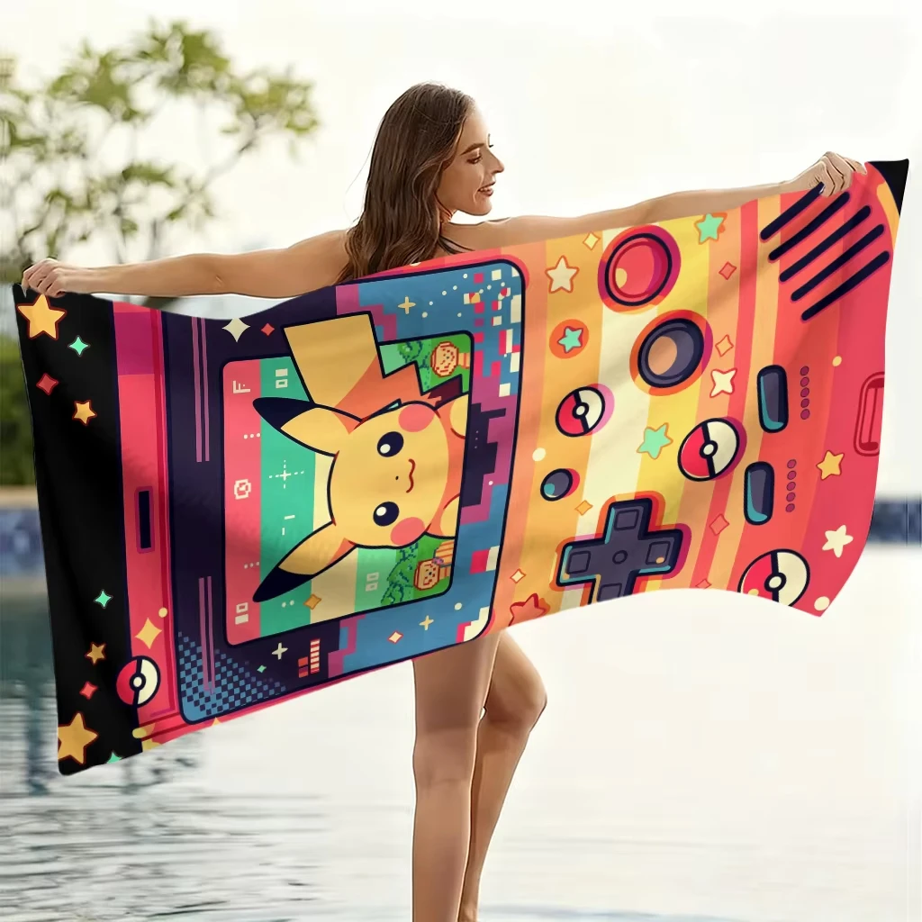 Pokémon Pikachu Retro Handheld Game Console Beach Towel Flat Print Outdoor Pool Party Travel Gift For Gamer Boys Decor