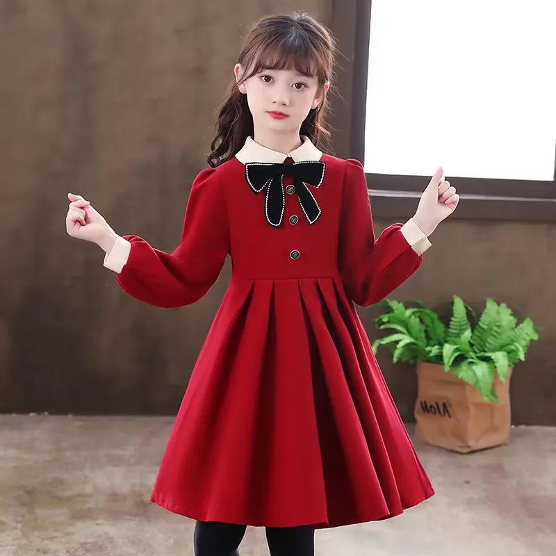 2024 European teens Children Clothes spring Autumn Girls Christmas Dress Kids bow princess button pleated skirt 4 to 12 NEW year