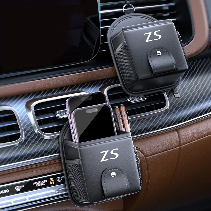 Car Air Outlet Debris Storage Bag For MG ZS EV EZS Mobile Phone Sunglasses Key Vent Dashboard Tidy Hanging Leather Organizer Box