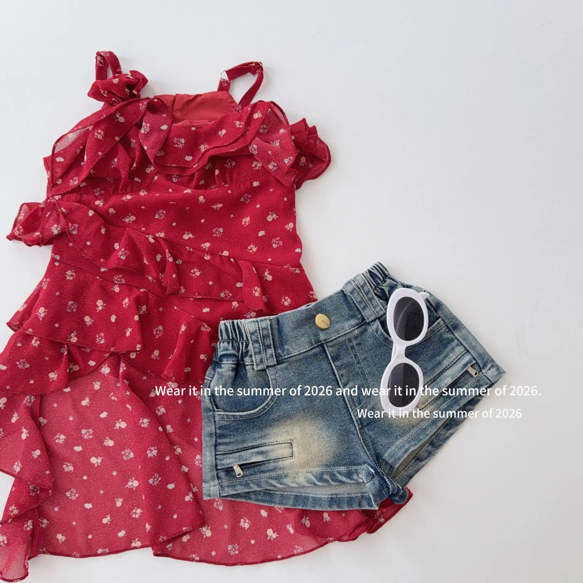 Childrens Irregular Floral Ribbon Ruffle Edge Fashionable Vacation Style Top for Girls 2026 Summer New Design Dress