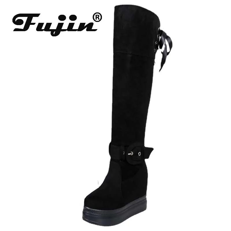 Fujin 10cm Microfiber Synthetic Stretch Fabric Chelsea Chimney Fashion Winter Plush Knee High Booties Women Spring Autumn Shoes