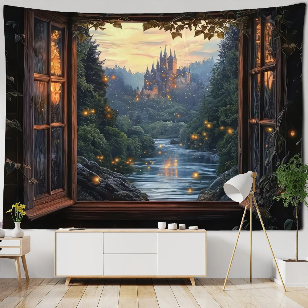 Bohemian Style Tapestry for Decoration, Hippie Forest Theme, European Sea View Wall Hanging, Imitation Window Art, Home Decor