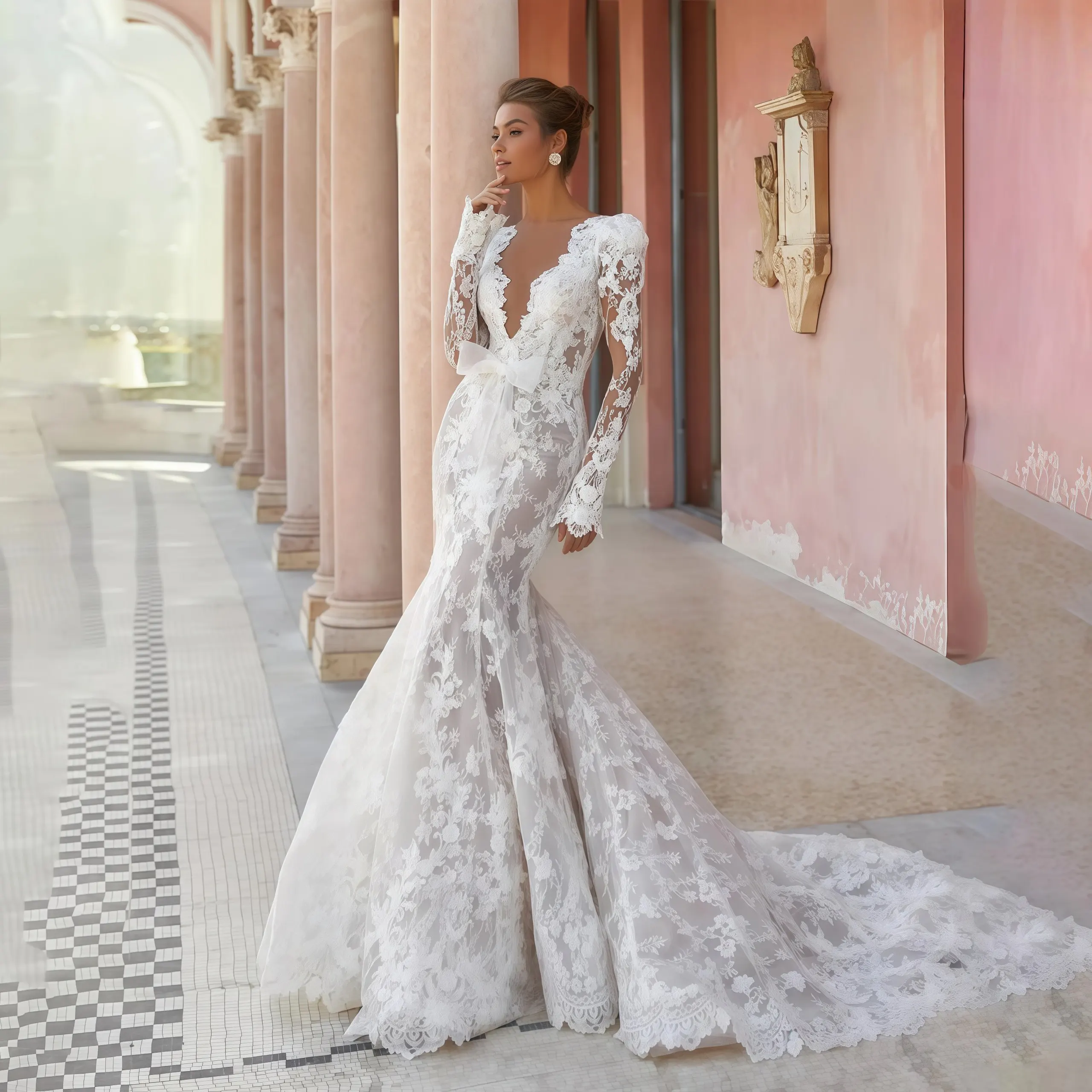2026 Customized V neck Lace Appliques Bridal Dress Sexy Hollow Out Wedding dress robe Evening Party Dress Vestidos De Novia